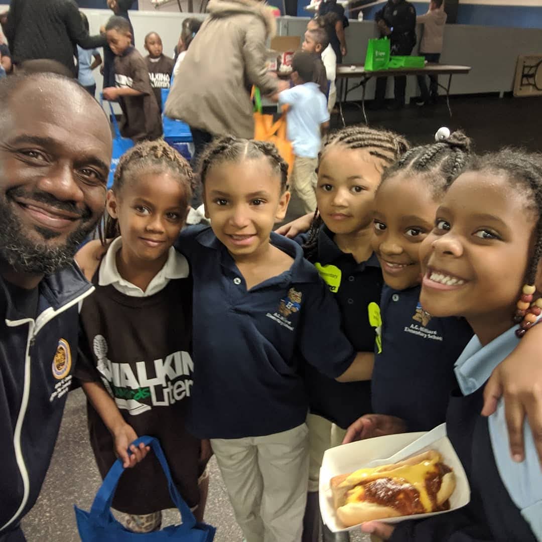 Jerry Davis with elementary students at a Walking With Words literacy night