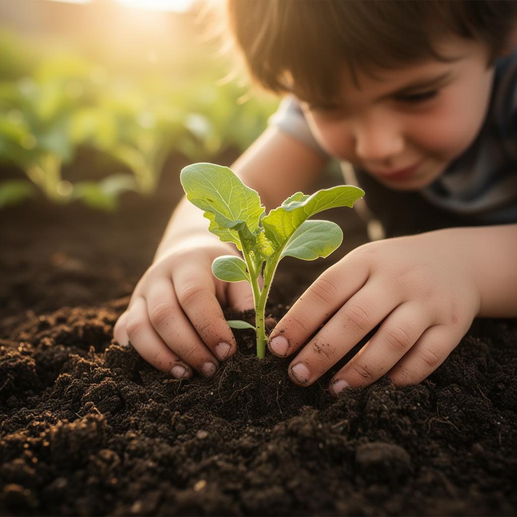 Child's hands planting a seedling