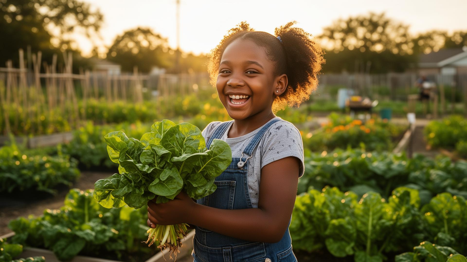 Young girl holding fresh greens in a Houston community garden