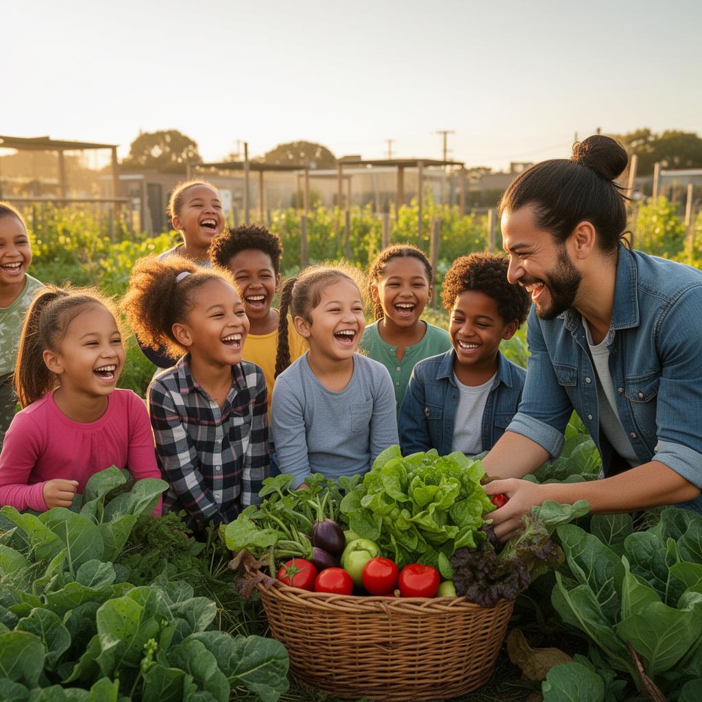 Children laughing on a small farm during a field day